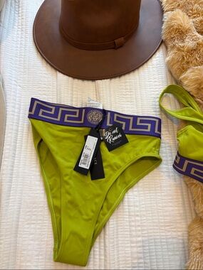 Versace Lime Green Bikini Bottom with Purple Greek Key Waistband